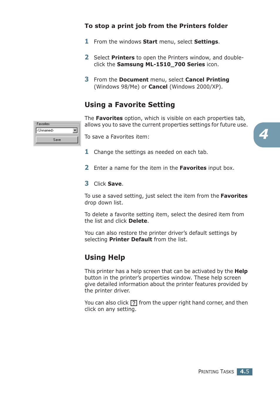 Using a favorite setting, Using help, Using a favorite setting using help | Samsung ML-1510 User Manual | Page 60 / 134