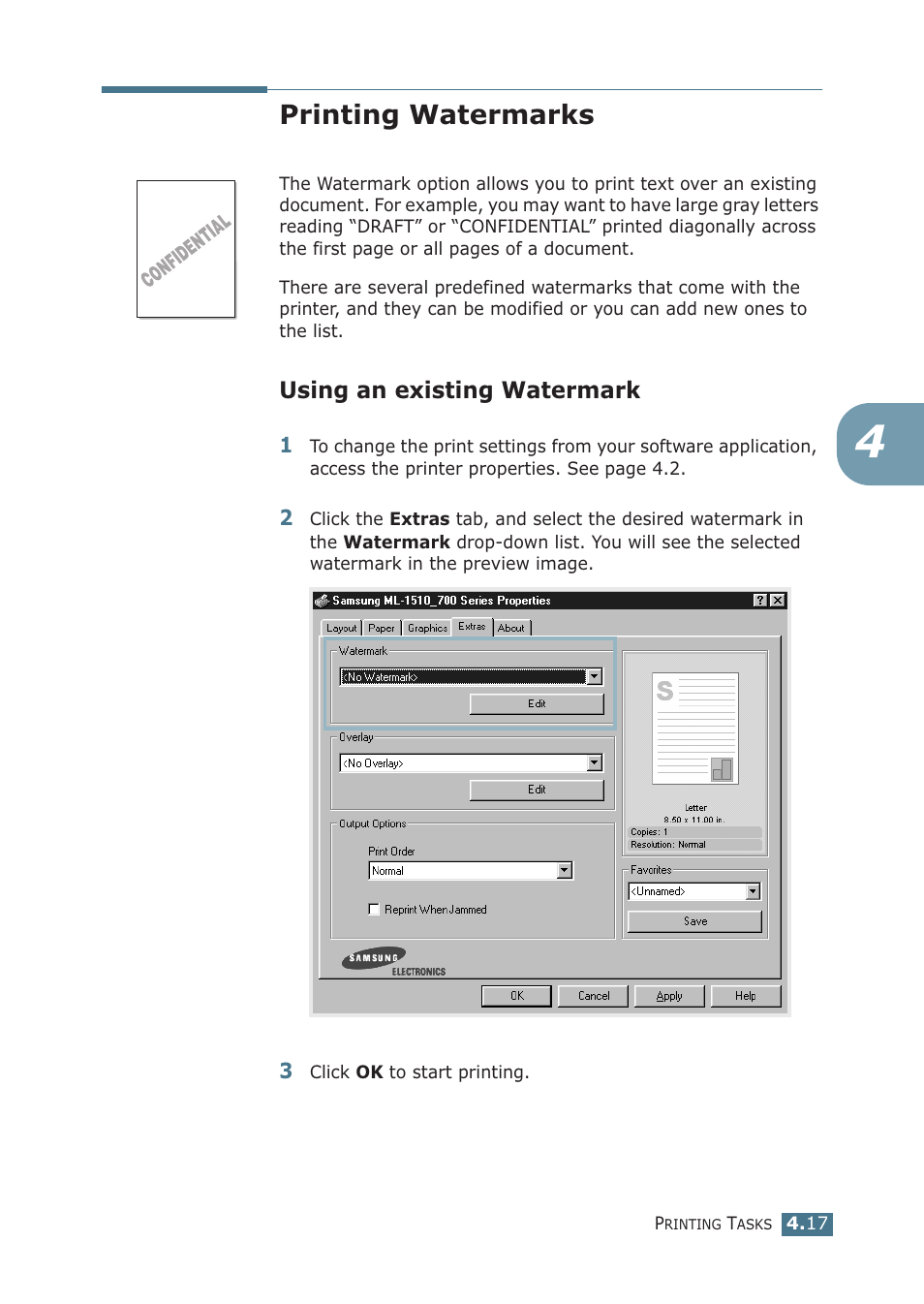 Printing watermarks, Using an existing watermark | Samsung ML-1510 User Manual | Page 72 / 134
