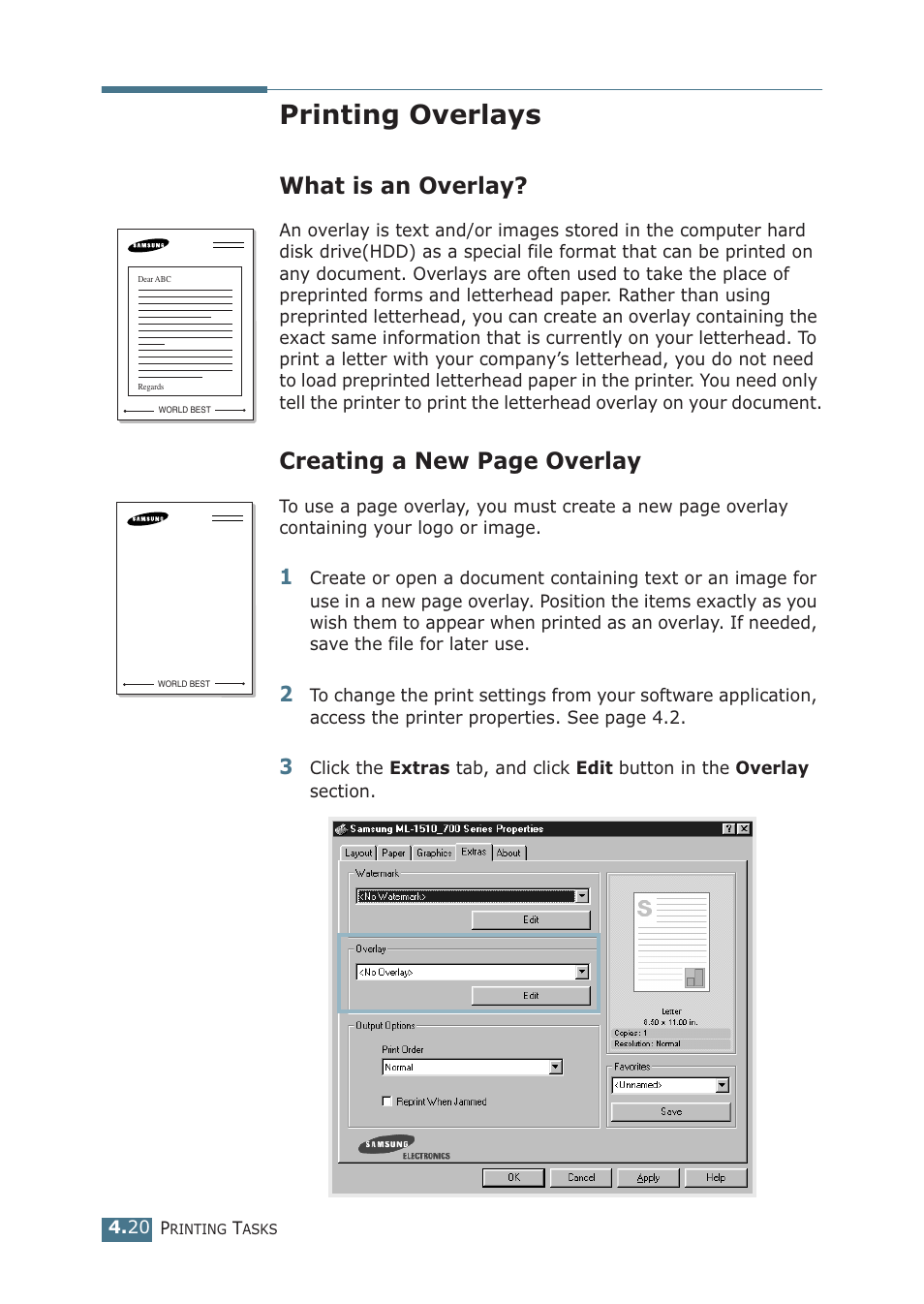 Printing overlays, What is an overlay, Creating a new page overlay | Samsung ML-1510 User Manual | Page 75 / 134