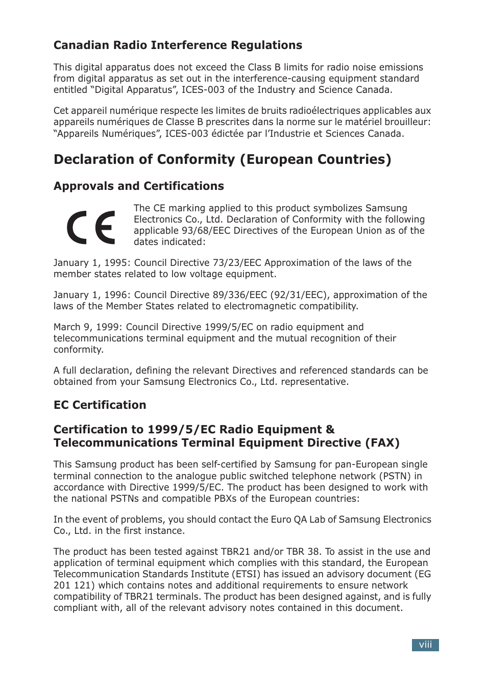 Declaration of conformity (european countries) | Samsung ML-1510 User Manual | Page 8 / 134