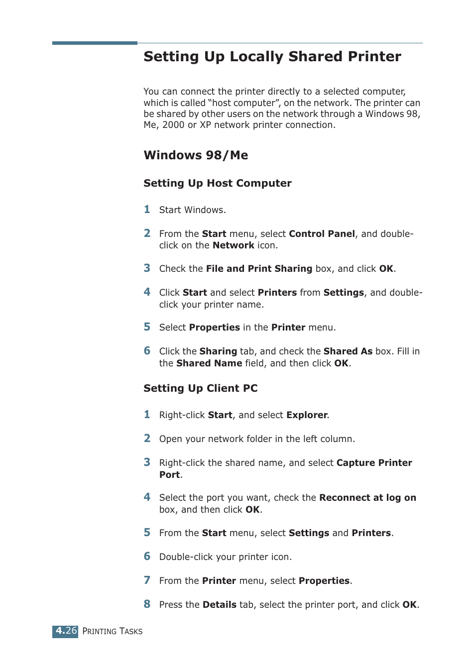 Setting up locally shared printer, Windows 98/me | Samsung ML-1510 User Manual | Page 81 / 134