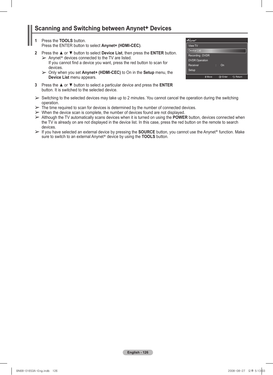 Scanning and switching between anynet+ devices | Samsung 760 Series User Manual | Page 126 / 282