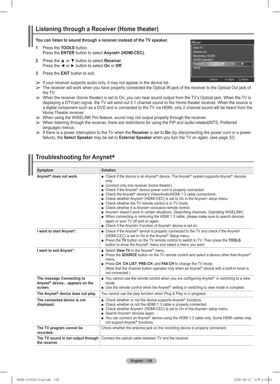 Listening through a receiver (home theater), Troubleshooting for anynet | Samsung 760 Series User Manual | Page 128 / 282