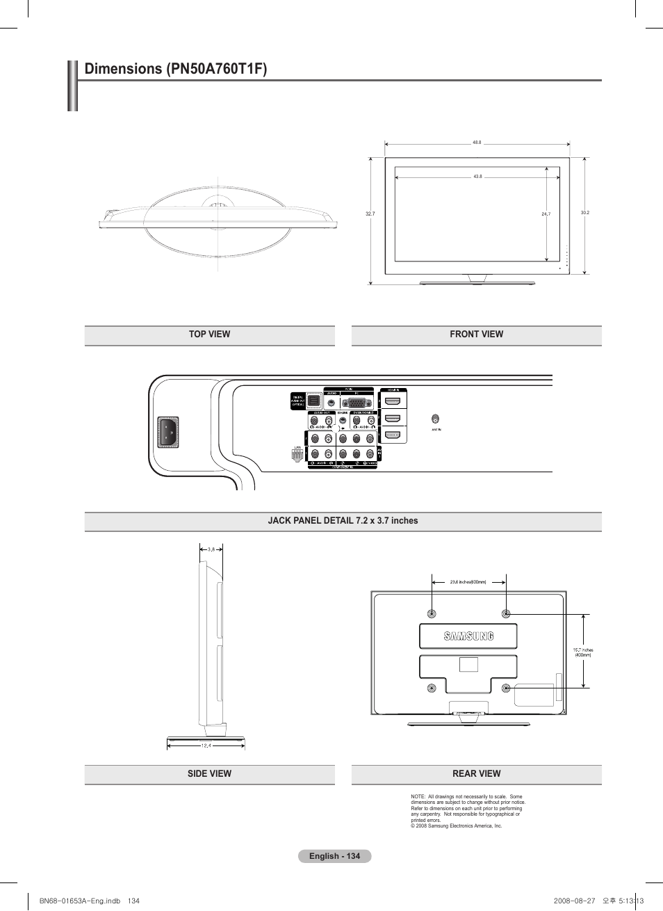 Dimensions (pn50a760t1f), Dimensions (pn50a0t1f) | Samsung 760 Series User Manual | Page 134 / 282