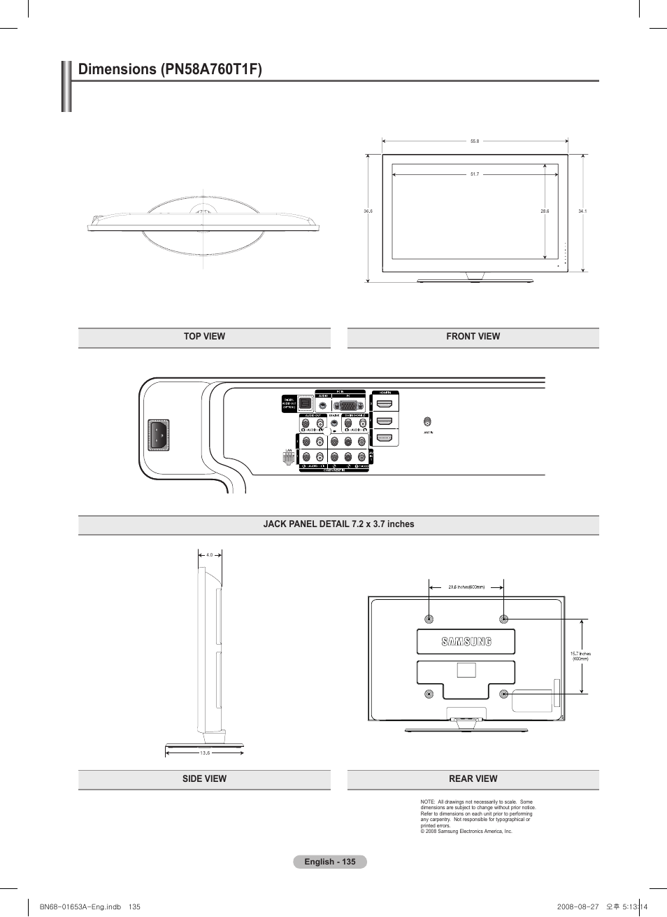 Dimensions (pn58a760t1f), Dimensions (pn5a0t1f) | Samsung 760 Series User Manual | Page 135 / 282