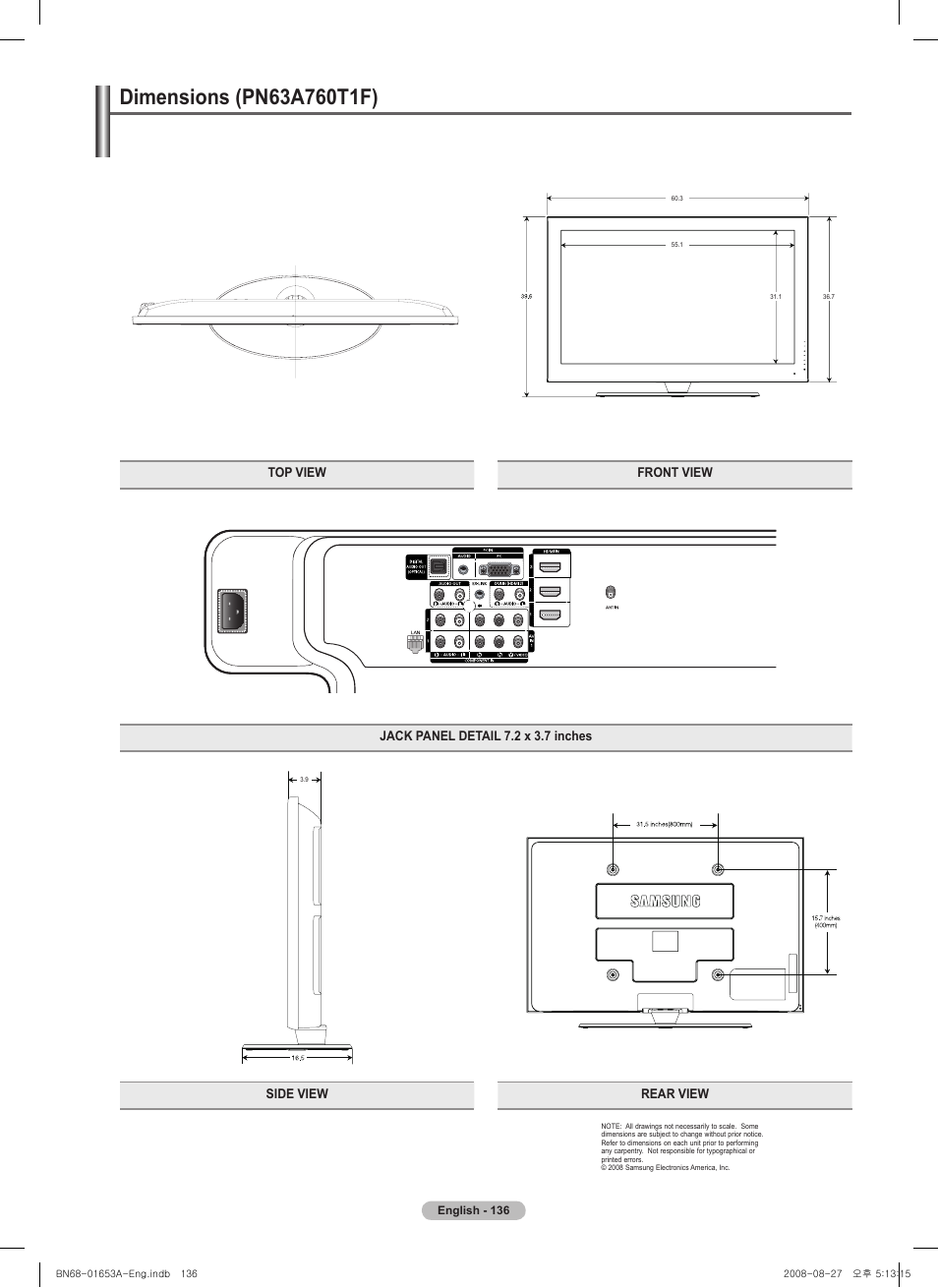 Dimensions (pn63a760t1f), Dimensions (pna0t1f) | Samsung 760 Series User Manual | Page 136 / 282