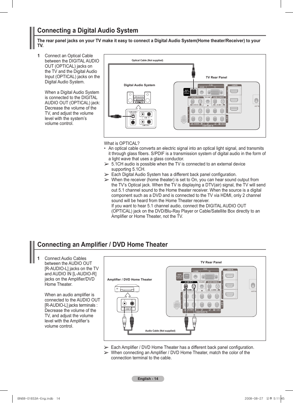 Connecting a digital audio system, Connecting an amplifier / dvd home theater | Samsung 760 Series User Manual | Page 14 / 282