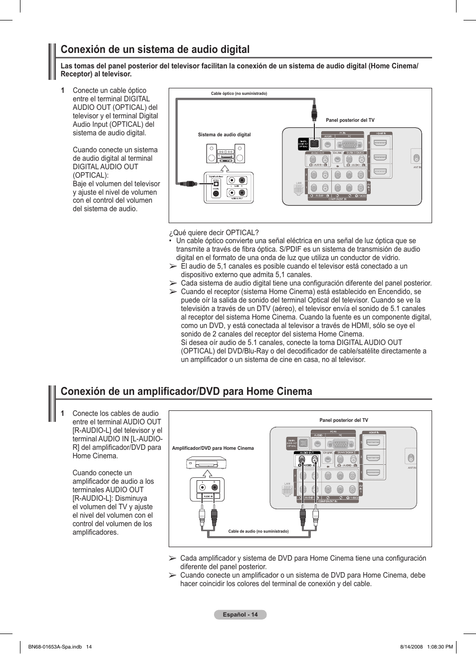 Conexión de un amplificador/dvd para home cinema, Conexión de un sistema de audio digital | Samsung 760 Series User Manual | Page 158 / 282