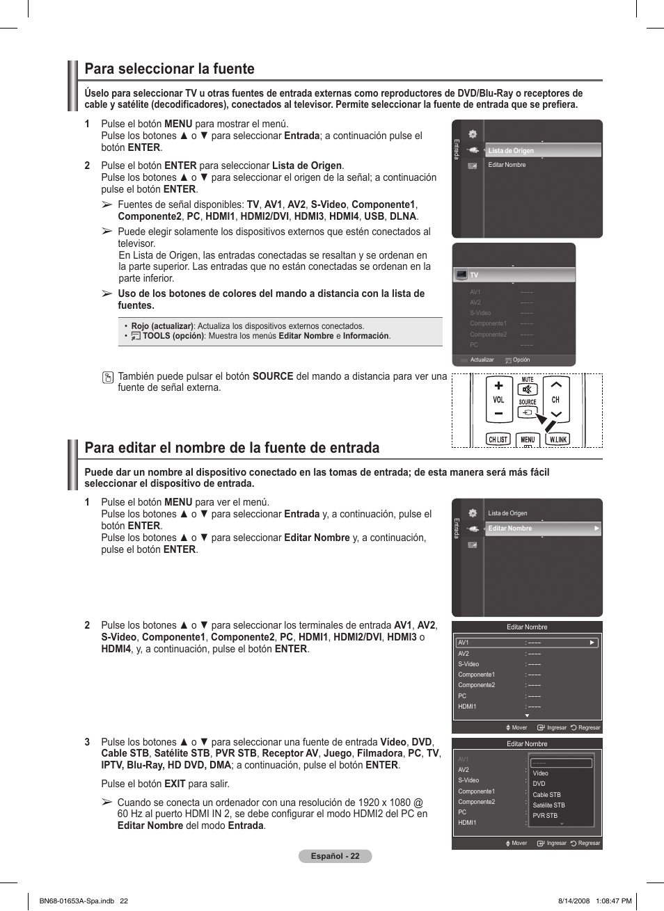 Para seleccionar la fuente, Para editar el nombre de la fuente de entrada | Samsung 760 Series User Manual | Page 166 / 282