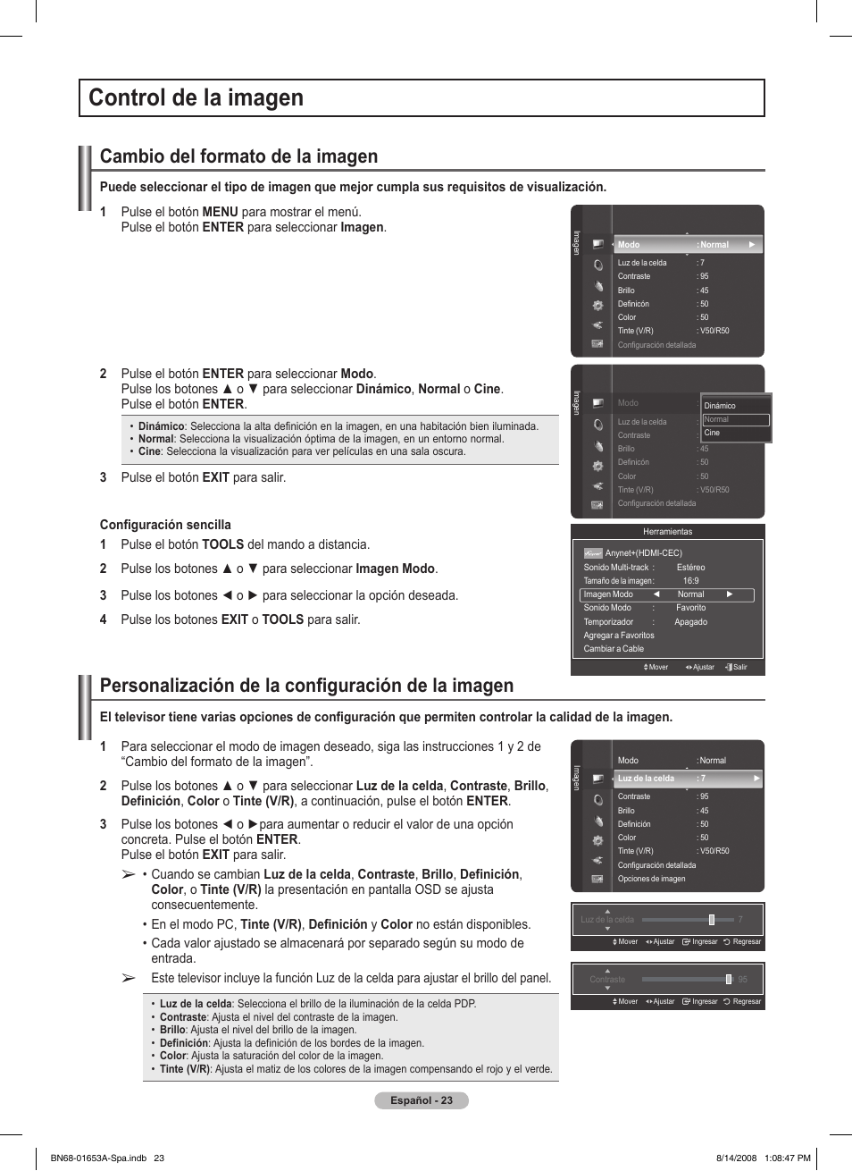 Control de la imagen, Cambio del formato de la imagen, Personalización de la configuración de la imagen | Pulse el botón enter, Pulse el botón exit para salir | Samsung 760 Series User Manual | Page 167 / 282