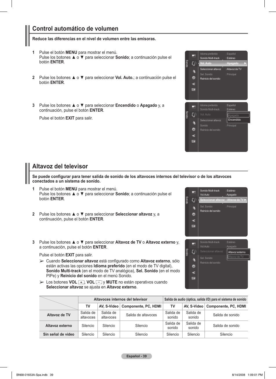 Control automático de volumen, Altavoz del televisor | Samsung 760 Series User Manual | Page 183 / 282