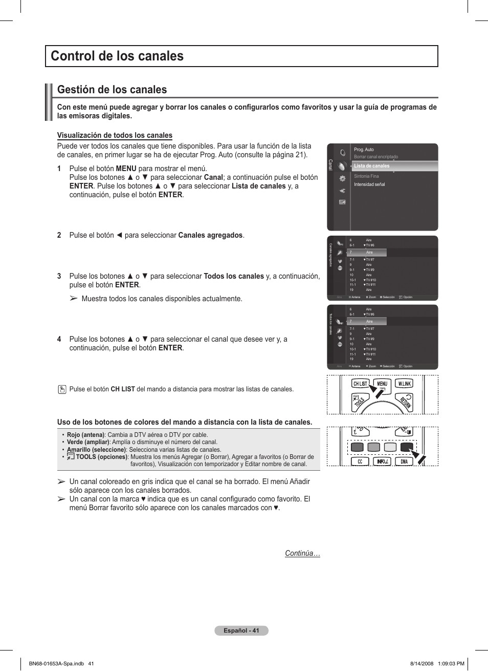 Control de los canales, Gestión de los canales | Samsung 760 Series User Manual | Page 185 / 282