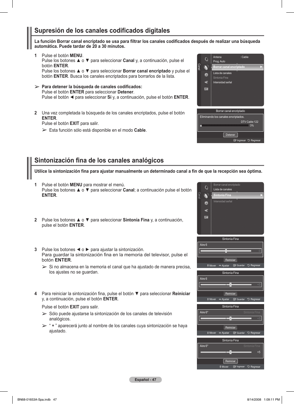 Supresión de los canales codificados digitales, Sintonización fina de los canales analógicos | Samsung 760 Series User Manual | Page 191 / 282