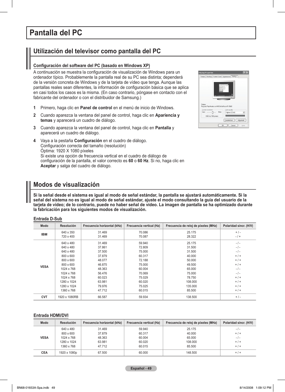 Pantalla del pc, Utilización del televisor como pantalla del pc, Modos de visualización | Samsung 760 Series User Manual | Page 193 / 282