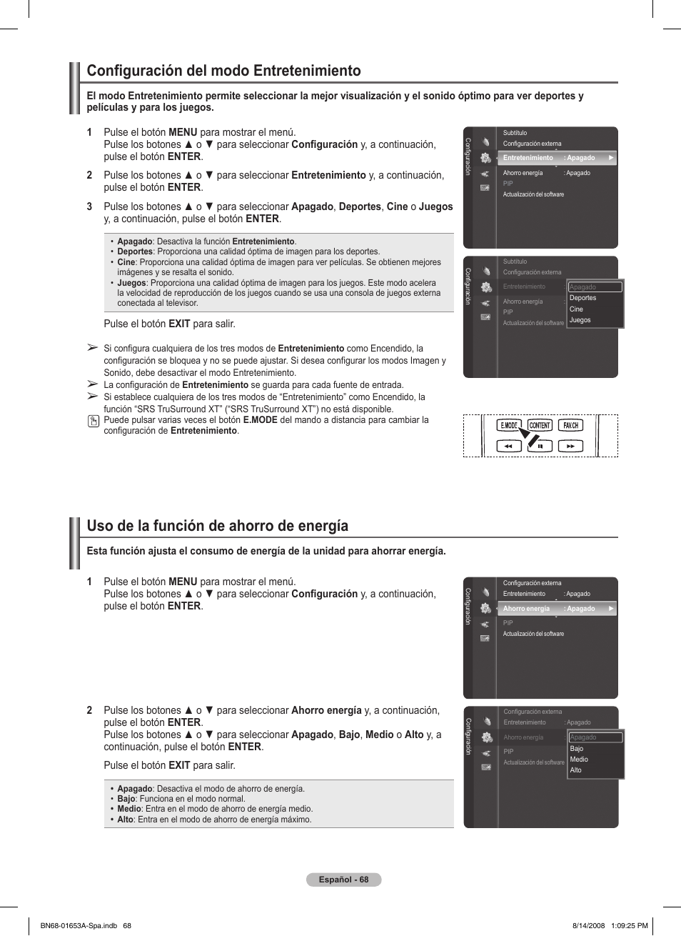 Uso de la función de ahorro de energía, Configuración del modo entretenimiento | Samsung 760 Series User Manual | Page 212 / 282