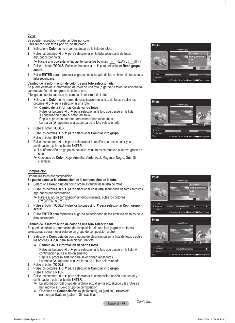 Rew) o, Cambio de la información de varios fotos | Samsung 760 Series User Manual | Page 219 / 282