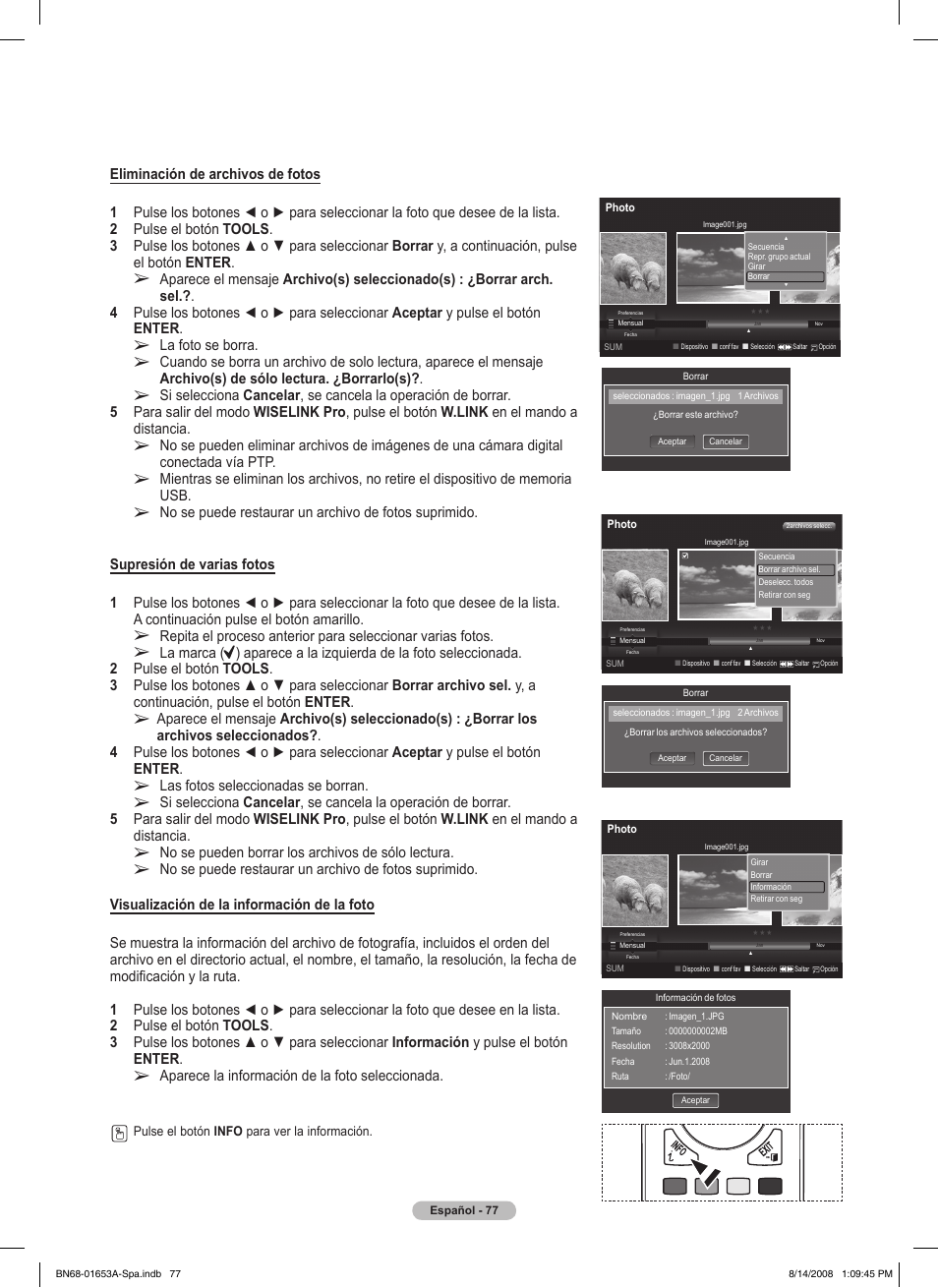 La foto se borra, Las fotos seleccionadas se borran, No se pueden borrar los archivos de sólo lectura | Aparece la información de la foto seleccionada | Samsung 760 Series User Manual | Page 221 / 282