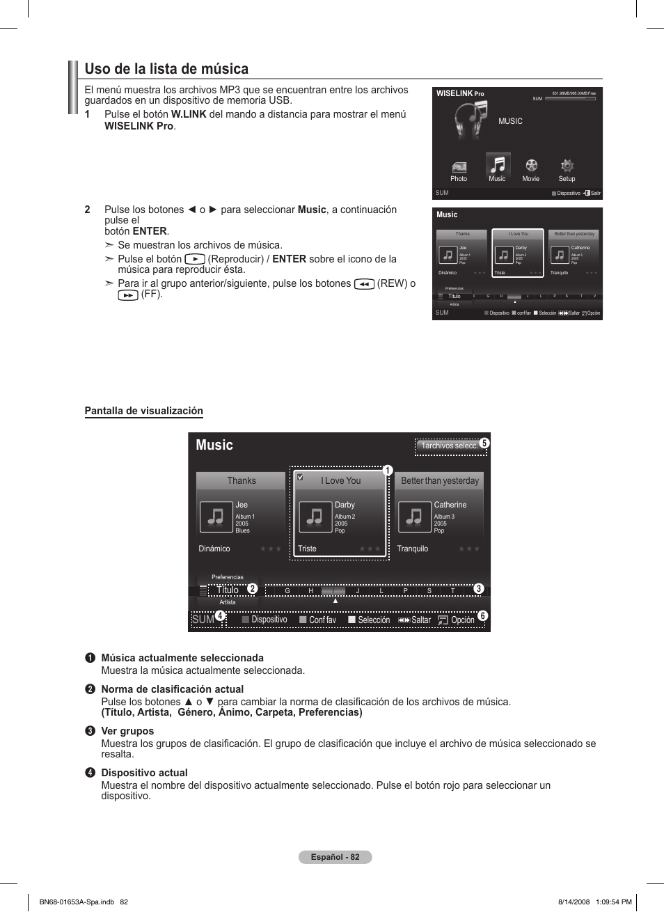 Uso de la lista de música, Music, Dispositivo  conf fav  selección saltar opción | Título, I love you, Better than yesterday | Samsung 760 Series User Manual | Page 226 / 282