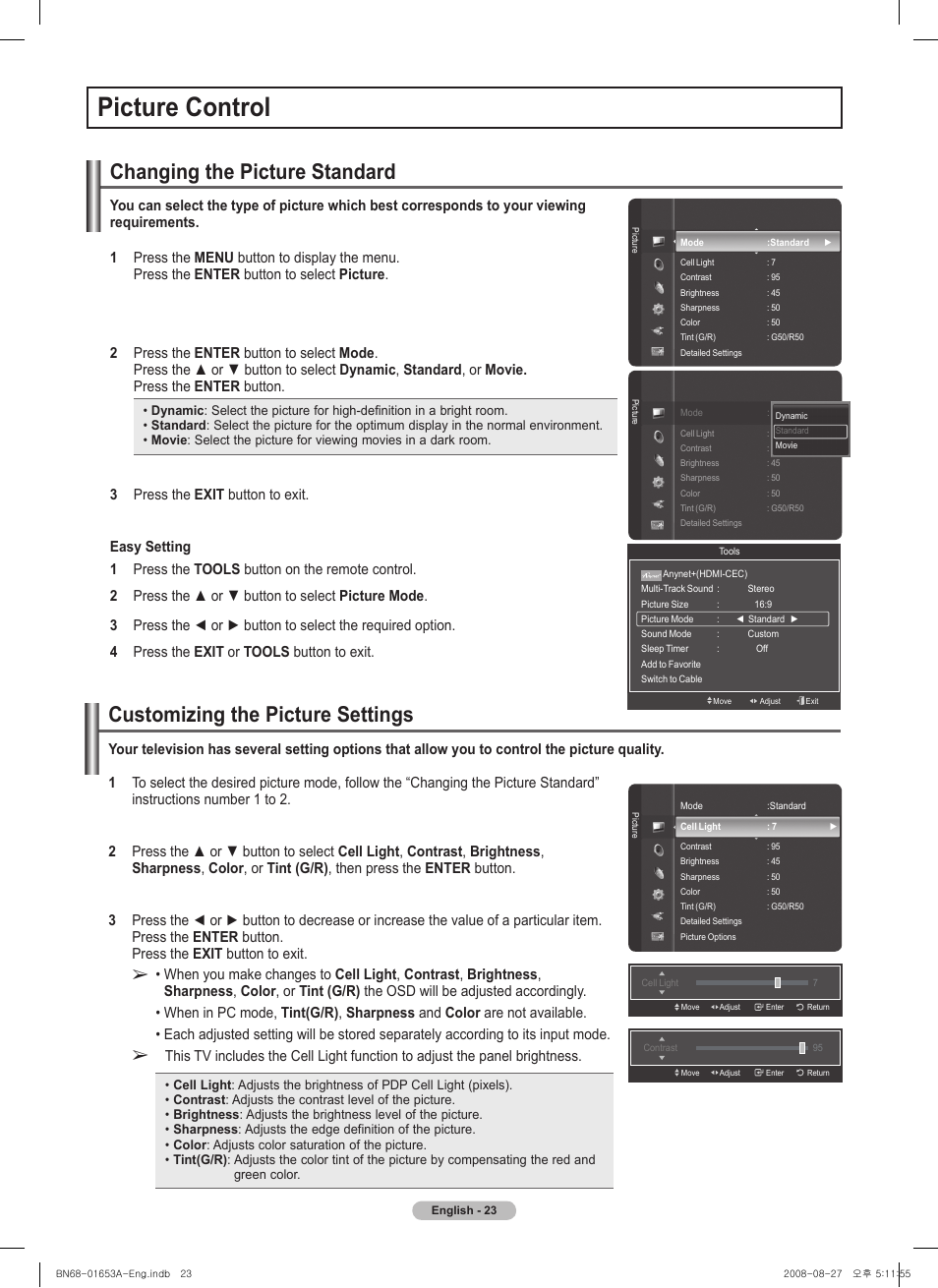 Picture control, Changing the picture standard, Customizing the picture settings | Press the enter button, Press the exit button to exit | Samsung 760 Series User Manual | Page 23 / 282