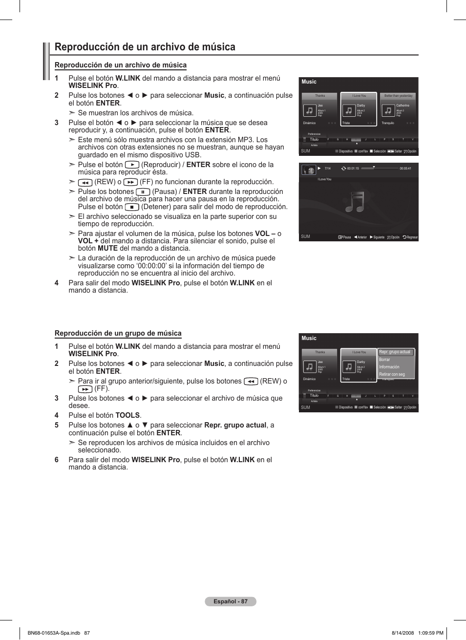 Reproducción de un archivo de música | Samsung 760 Series User Manual | Page 231 / 282