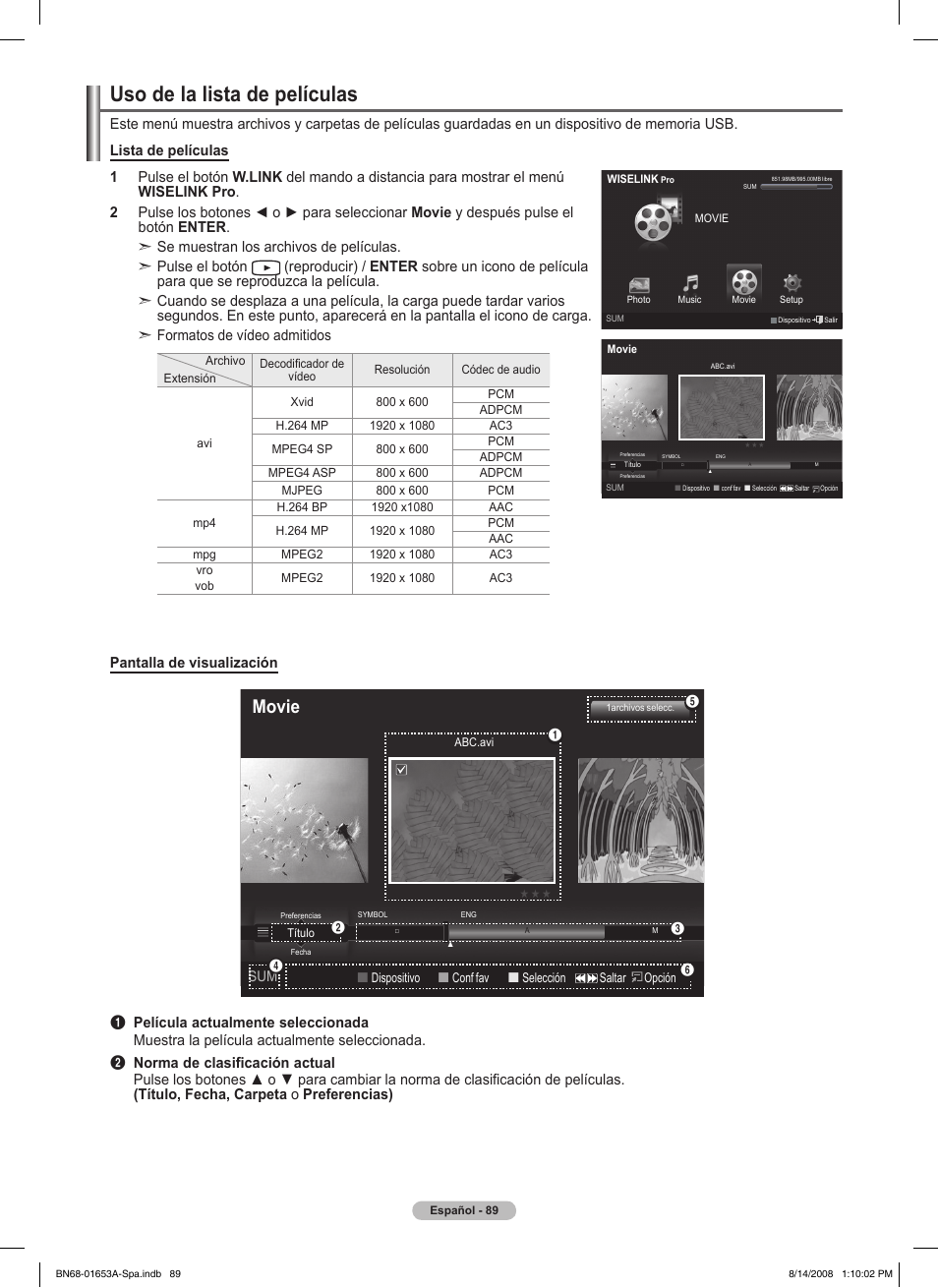Uso de la lista de películas, Movie | Samsung 760 Series User Manual | Page 233 / 282