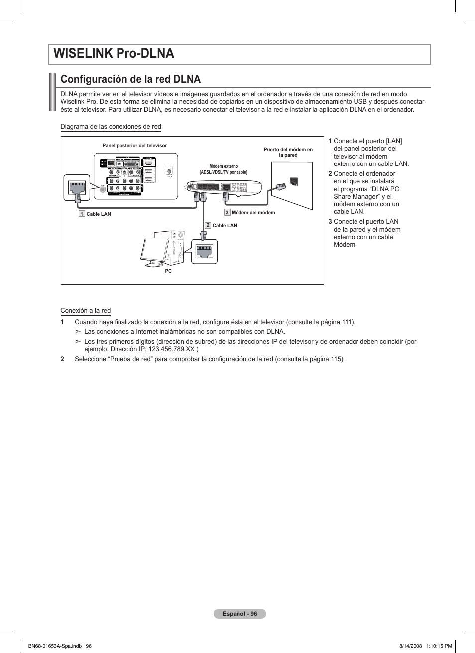 Wiselink pro-dlna, Configuración de la red dlna | Samsung 760 Series User Manual | Page 240 / 282
