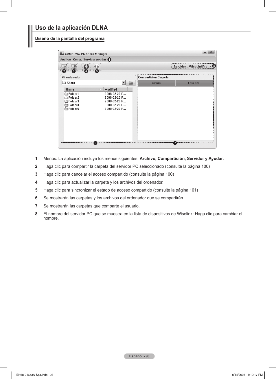 Uso de la aplicación dlna | Samsung 760 Series User Manual | Page 242 / 282