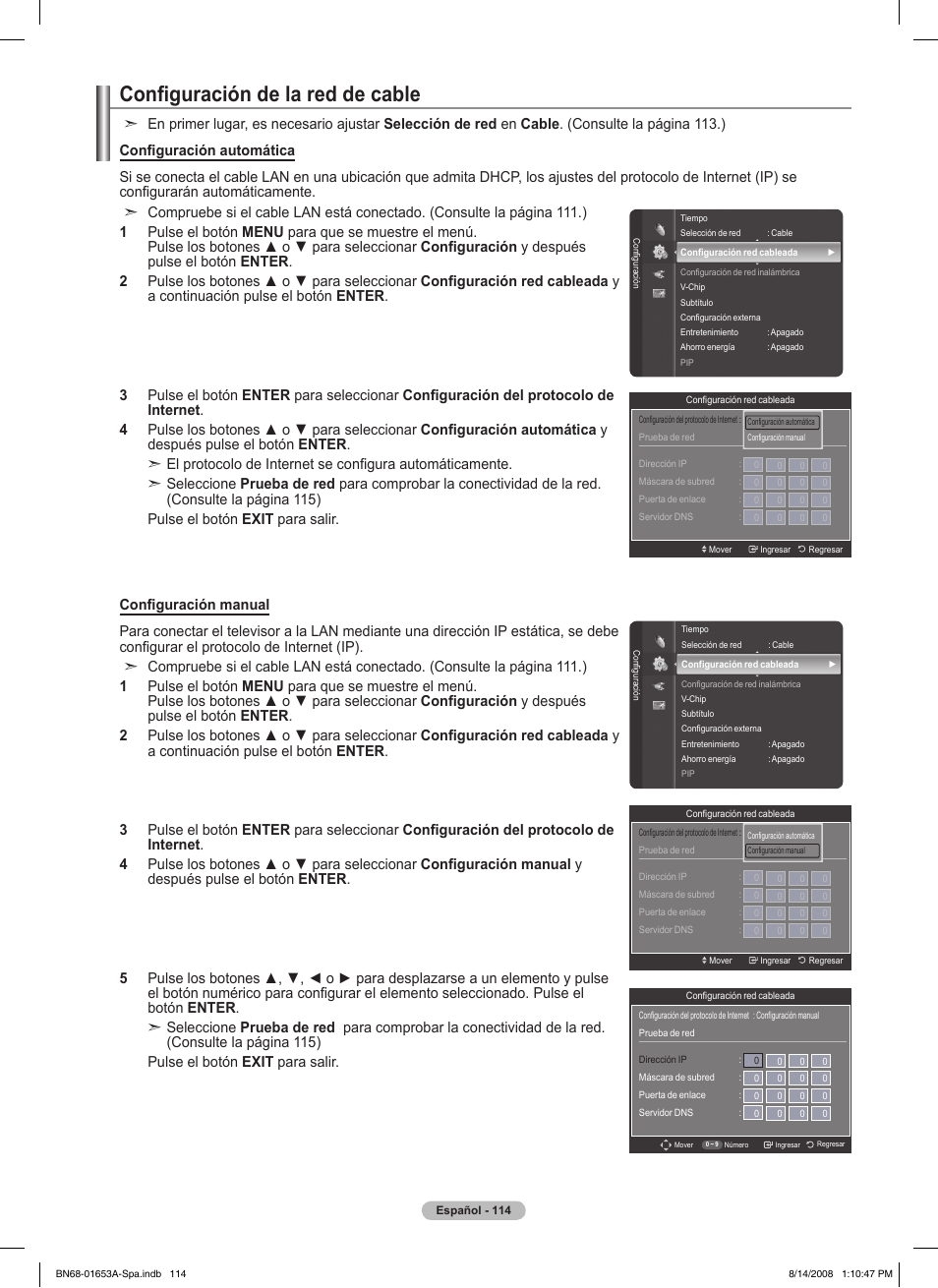 Configuración de la red de cable | Samsung 760 Series User Manual | Page 258 / 282