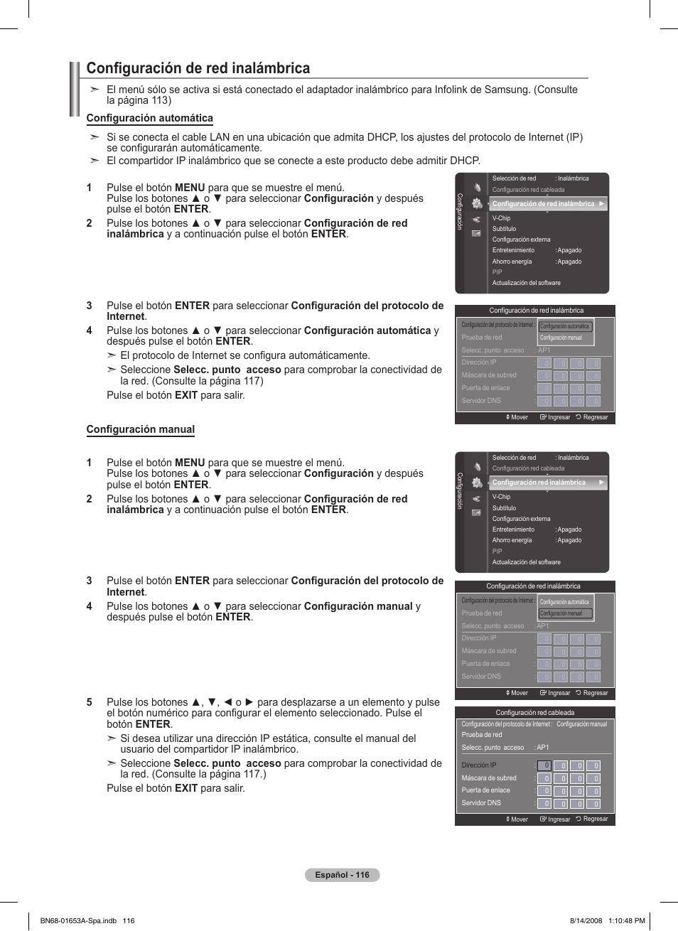 Configuración de red inalámbrica | Samsung 760 Series User Manual | Page 260 / 282