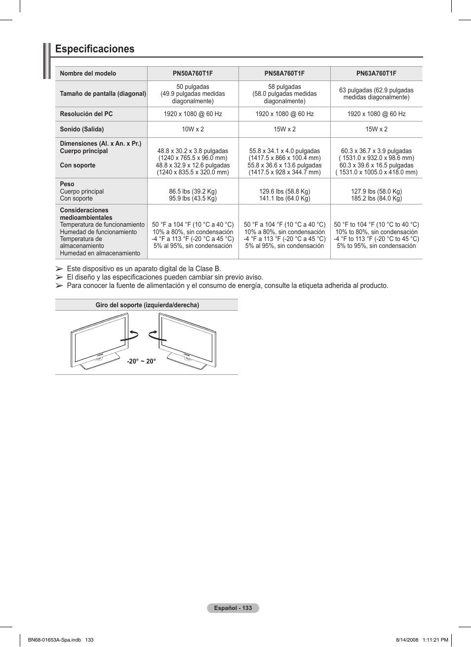 Especificaciones | Samsung 760 Series User Manual | Page 277 / 282