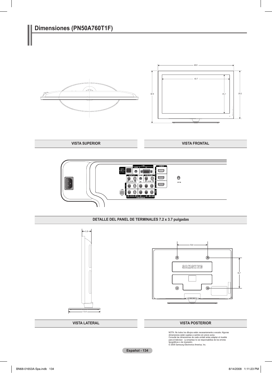 Dimensiones (pn50a0t1f) | Samsung 760 Series User Manual | Page 278 / 282