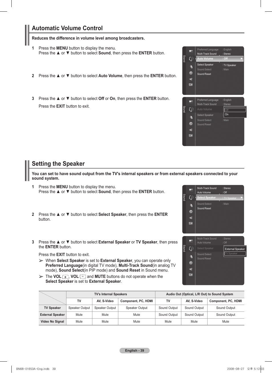 Automatic volume control, Setting the speaker, The vol | Samsung 760 Series User Manual | Page 39 / 282