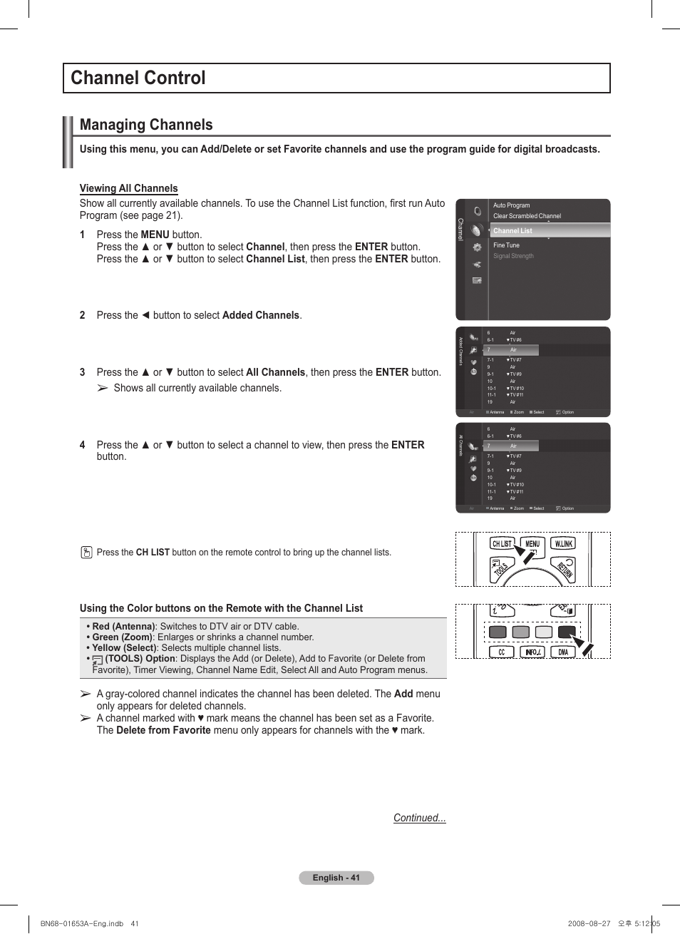 Channel control, Managing channels | Samsung 760 Series User Manual | Page 41 / 282