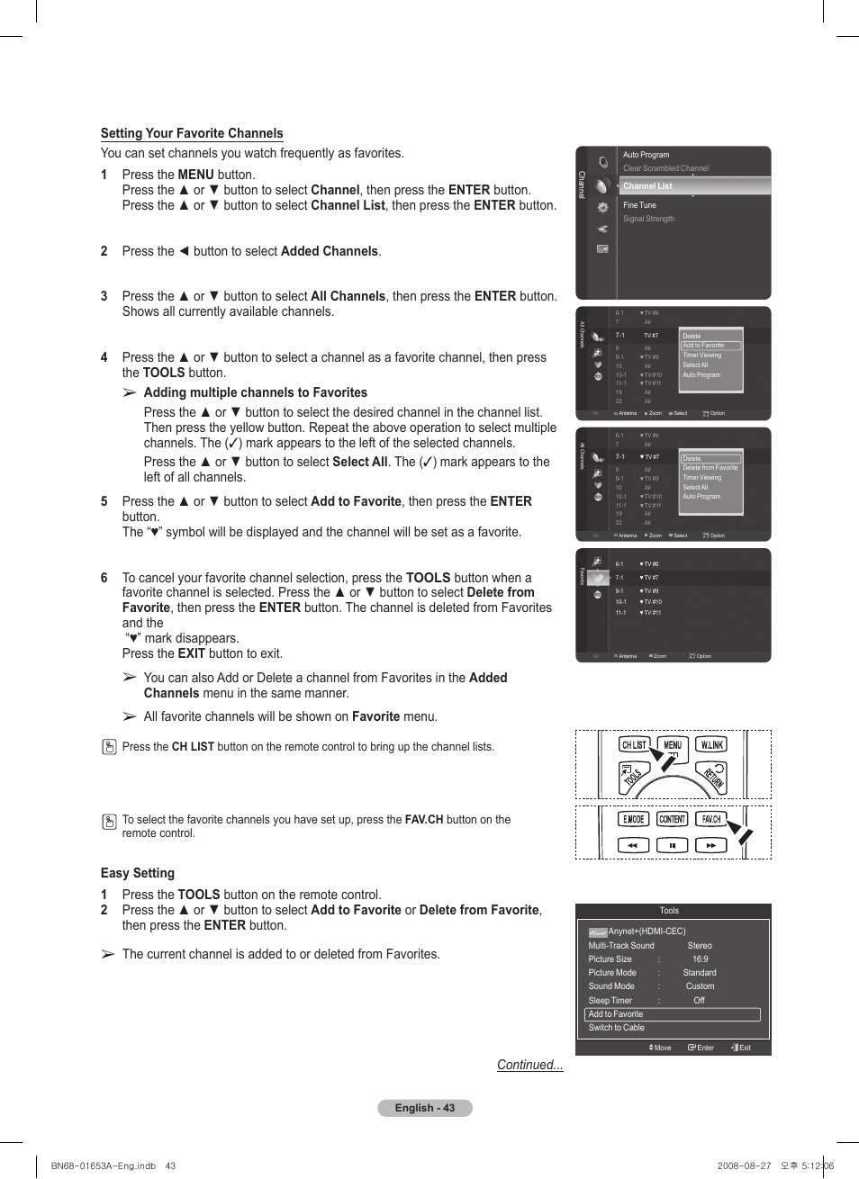 Adding multiple channels to favorites | Samsung 760 Series User Manual | Page 43 / 282