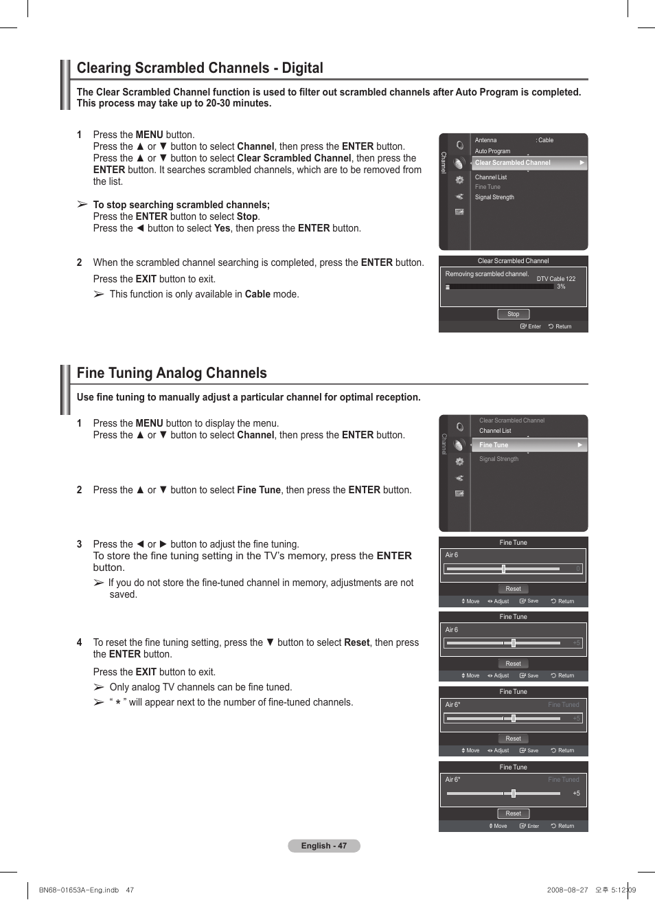 Clearing scrambled channels - digital, Fine tuning analog channels | Samsung 760 Series User Manual | Page 47 / 282