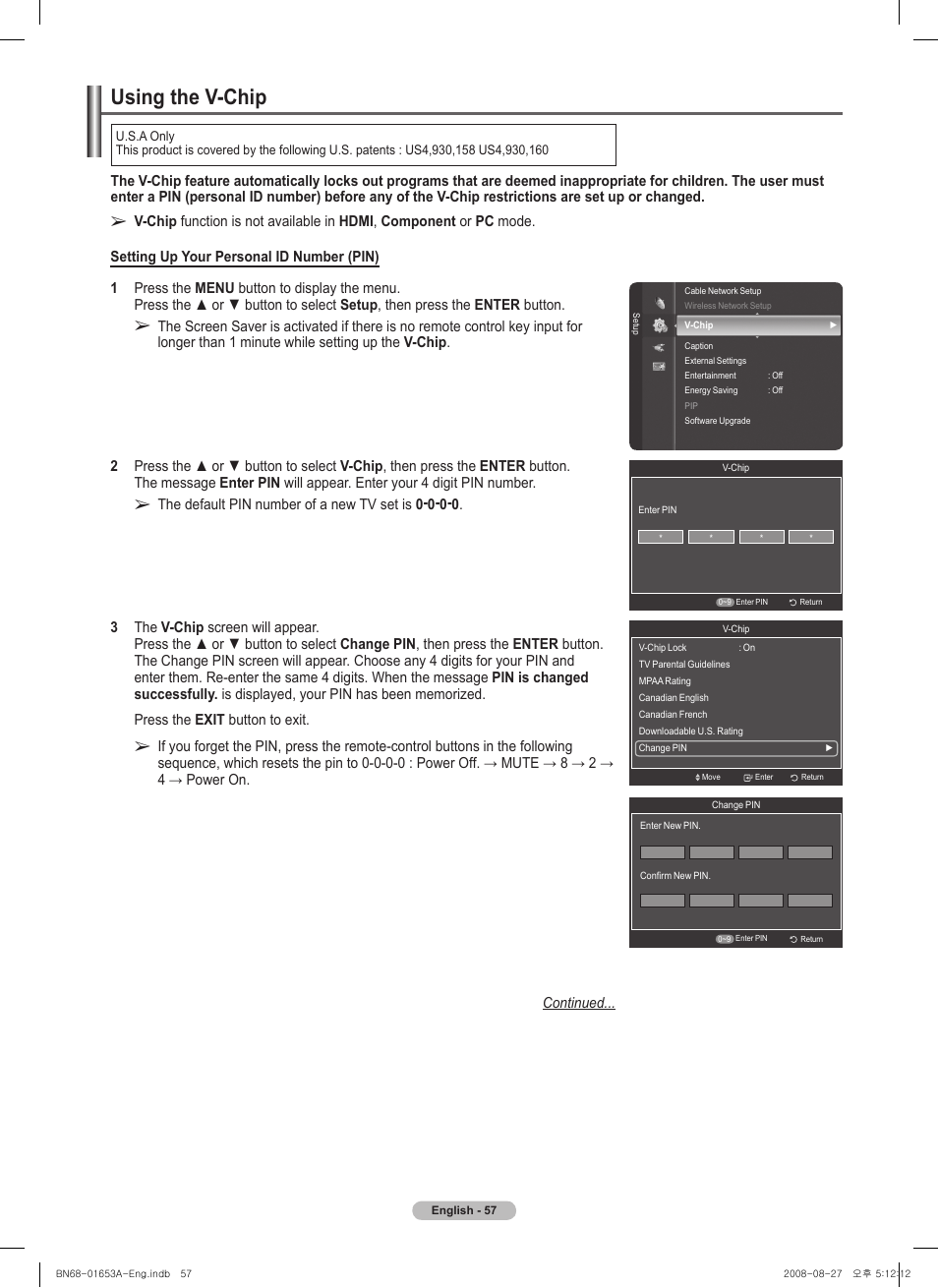 Using the v-chip | Samsung 760 Series User Manual | Page 57 / 282