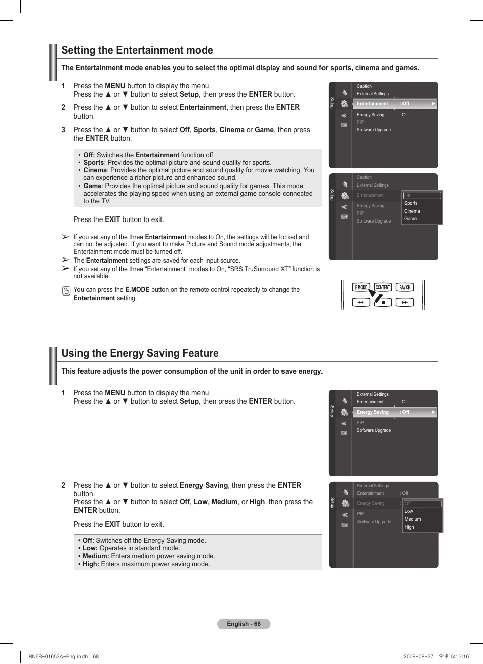 Setting the entertainment mode, Using the energy saving feature | Samsung 760 Series User Manual | Page 68 / 282