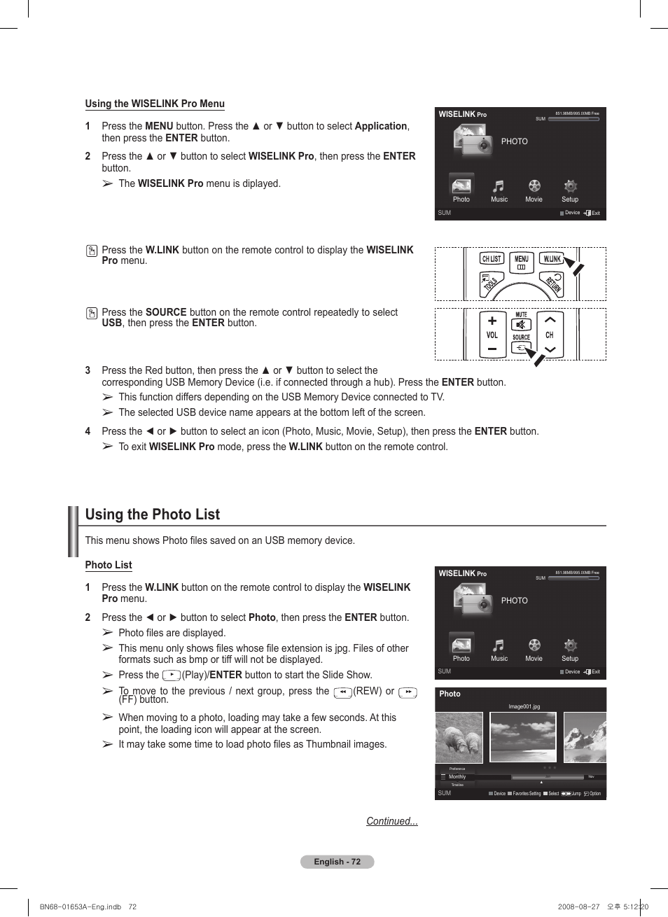 Using the photo list, Photo files are displayed, Press the | Play)/ enter button to start the slide show, Rew) or, Ff) button | Samsung 760 Series User Manual | Page 72 / 282