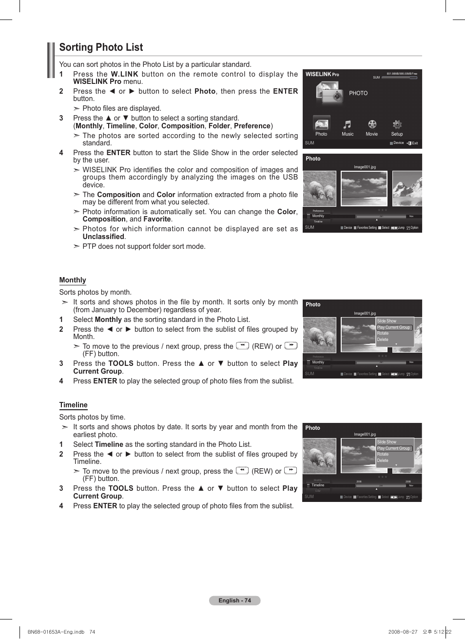 Sorting photo list, Rew) or | Samsung 760 Series User Manual | Page 74 / 282