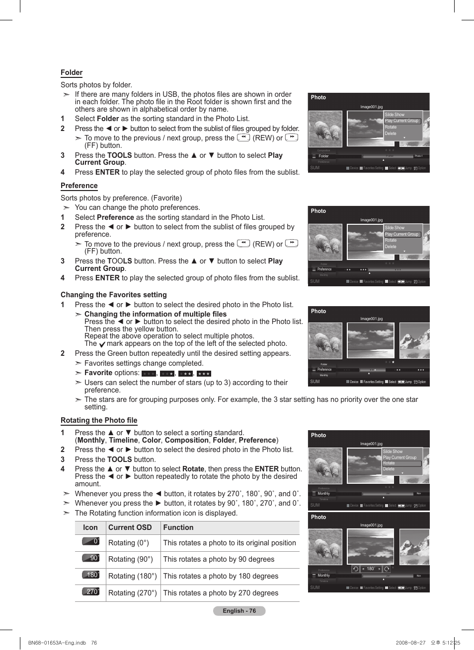 Rew) or, Rotating (90°) this rotates a photo by 90 degrees | Samsung 760 Series User Manual | Page 76 / 282