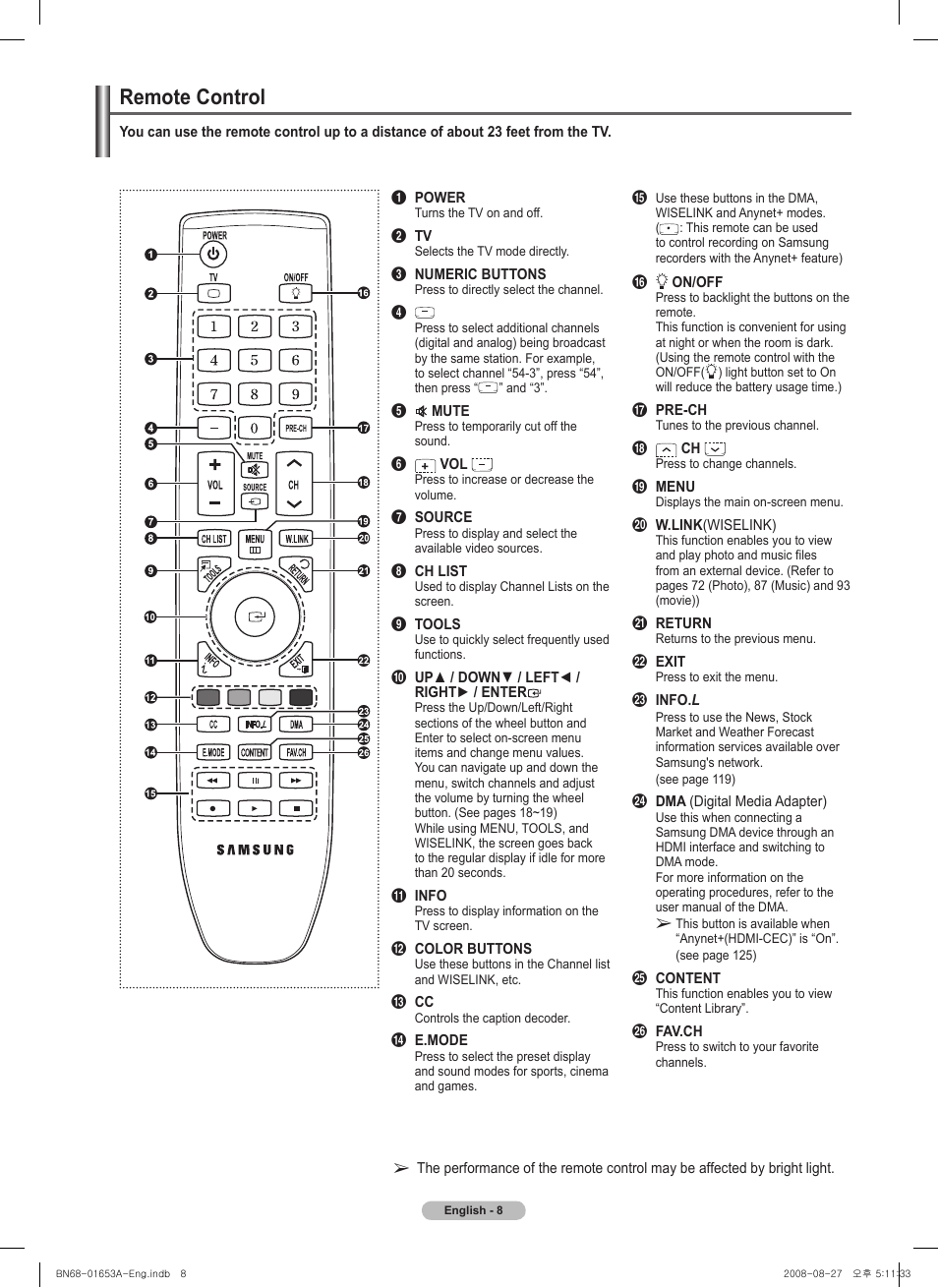 Remote control | Samsung 760 Series User Manual | Page 8 / 282