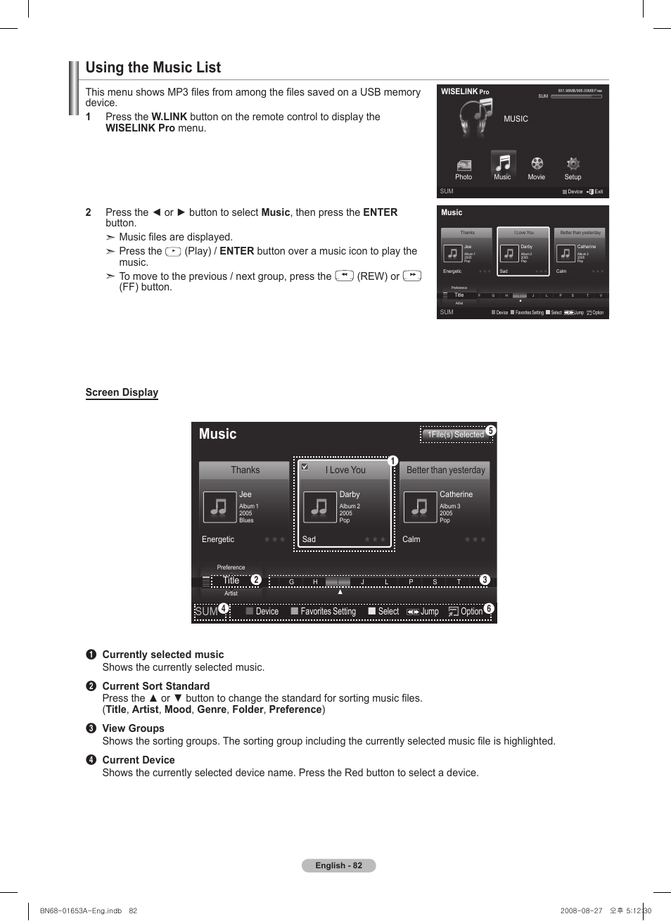 Using the music list, Music, Rew) or | Device  favorites setting  select jump option, Title, I love you, Better than yesterday | Samsung 760 Series User Manual | Page 82 / 282
