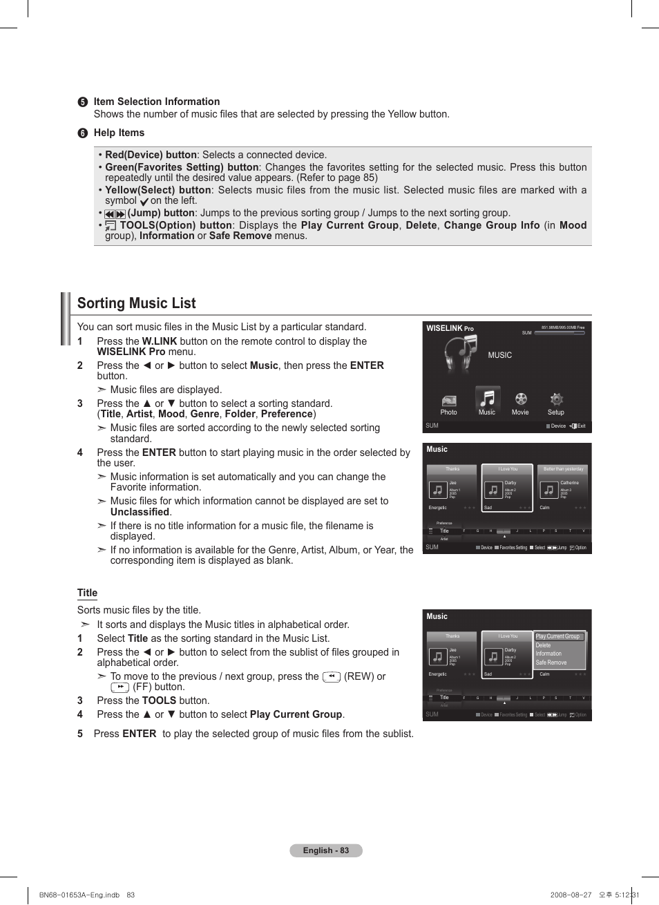 Sorting music list, Rew) or | Samsung 760 Series User Manual | Page 83 / 282