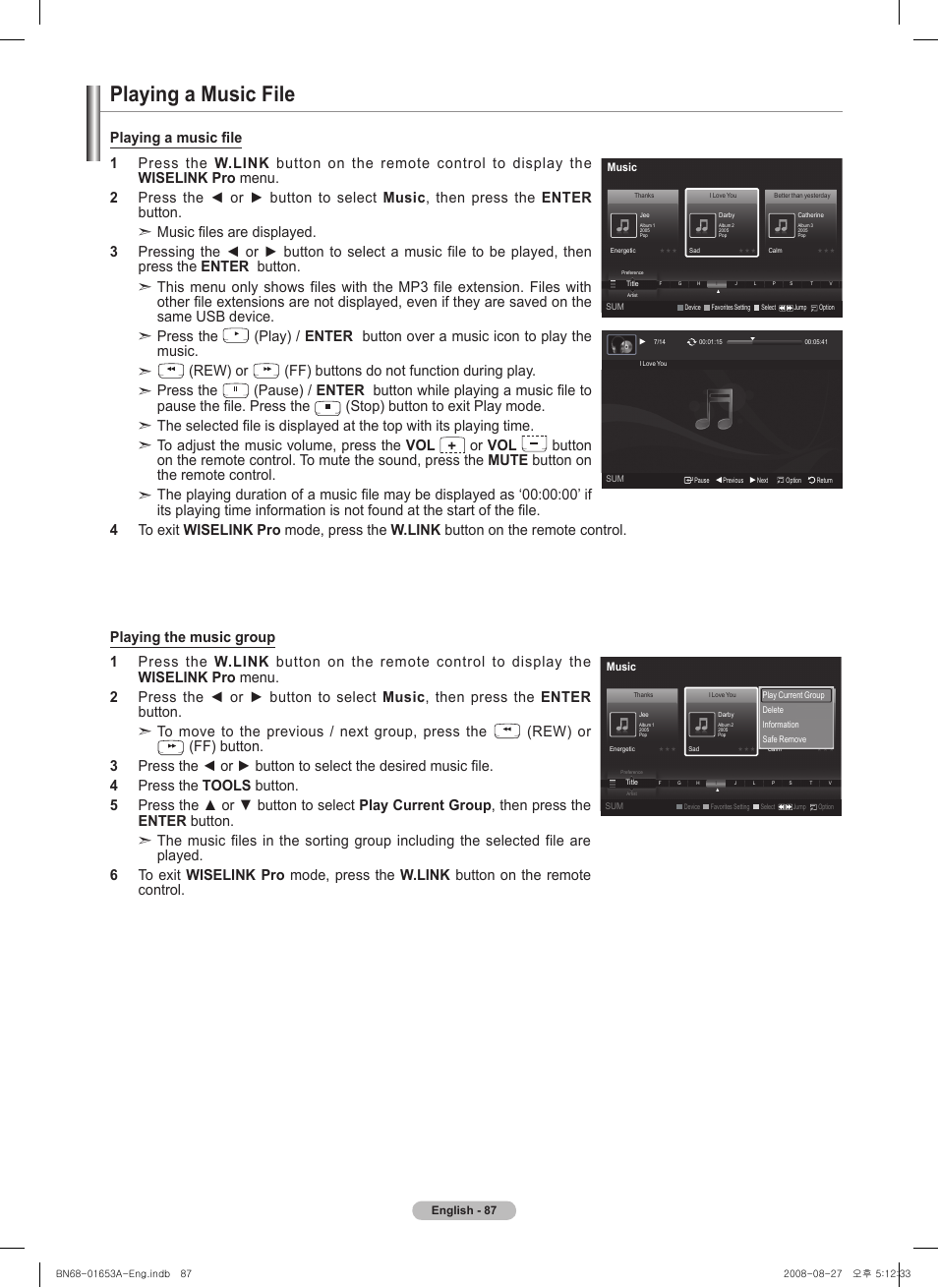 Playing a music file, Rew) or, Ff) buttons do not function during play. press the | Or vol | Samsung 760 Series User Manual | Page 87 / 282