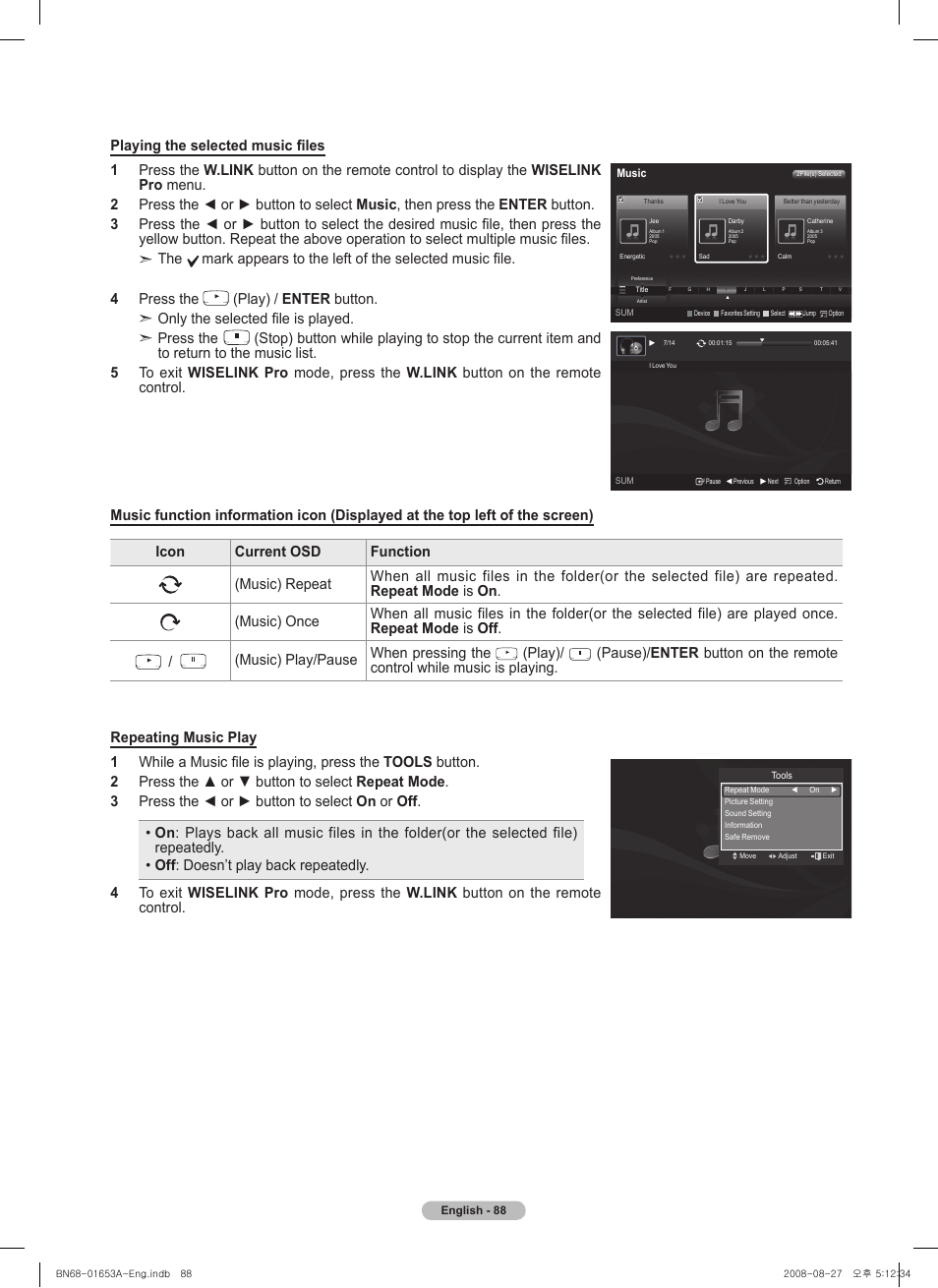 Music) play/pause when pressing the, Play) | Samsung 760 Series User Manual | Page 88 / 282