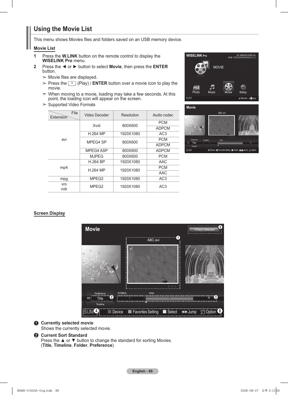 Using the movie list, Movie, Device  favorites setting  select jump option | Samsung 760 Series User Manual | Page 89 / 282