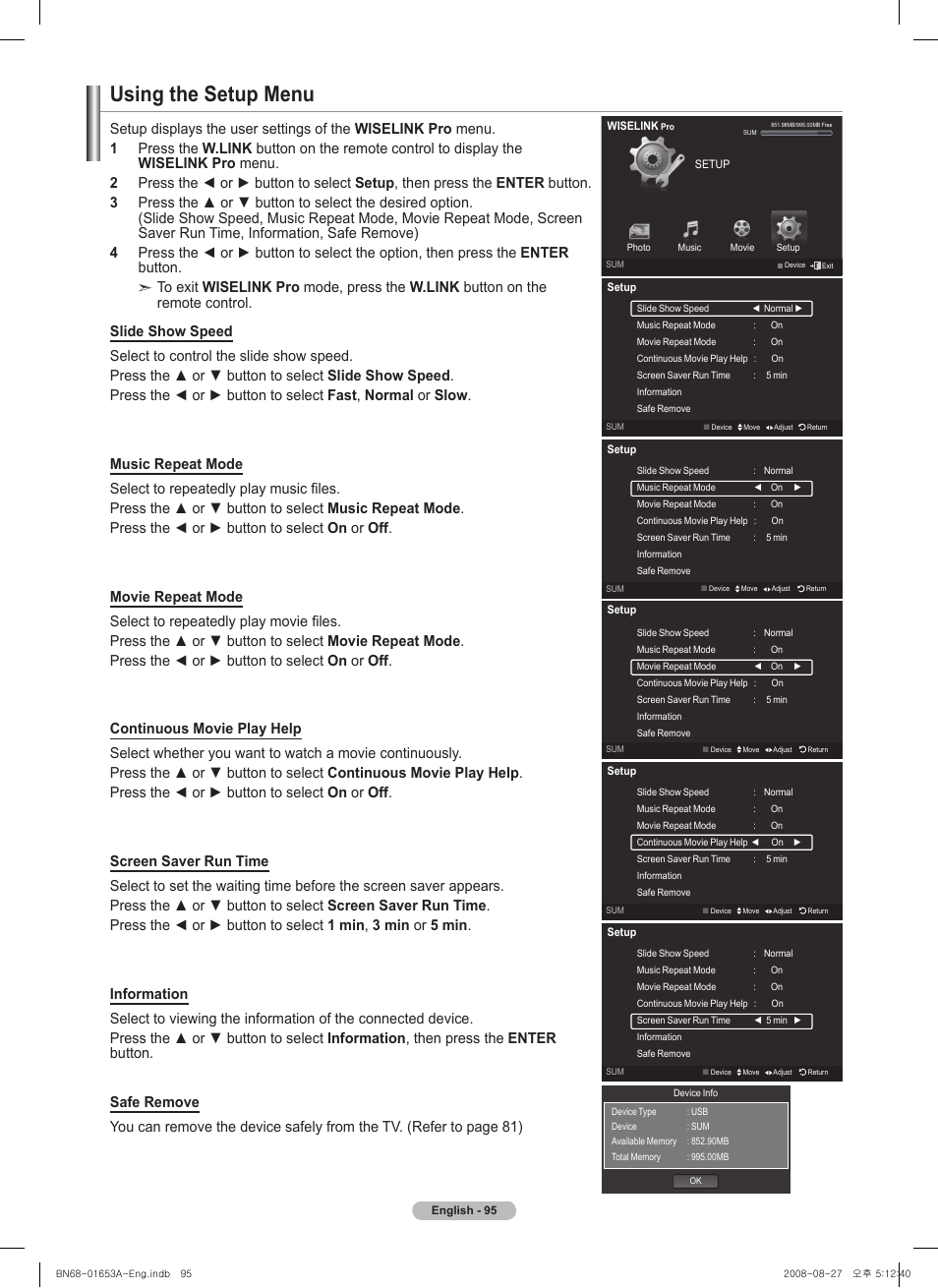 Using the setup menu | Samsung 760 Series User Manual | Page 95 / 282