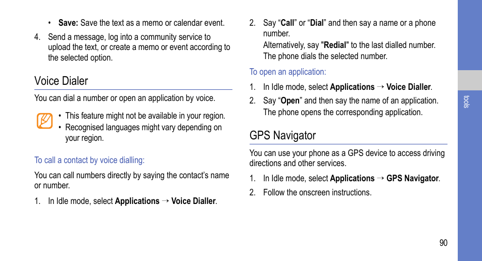 Voice dialer, Gps navigator, Voice dialer gps navigator | Samsung 07272010 User Manual | Page 101 / 139