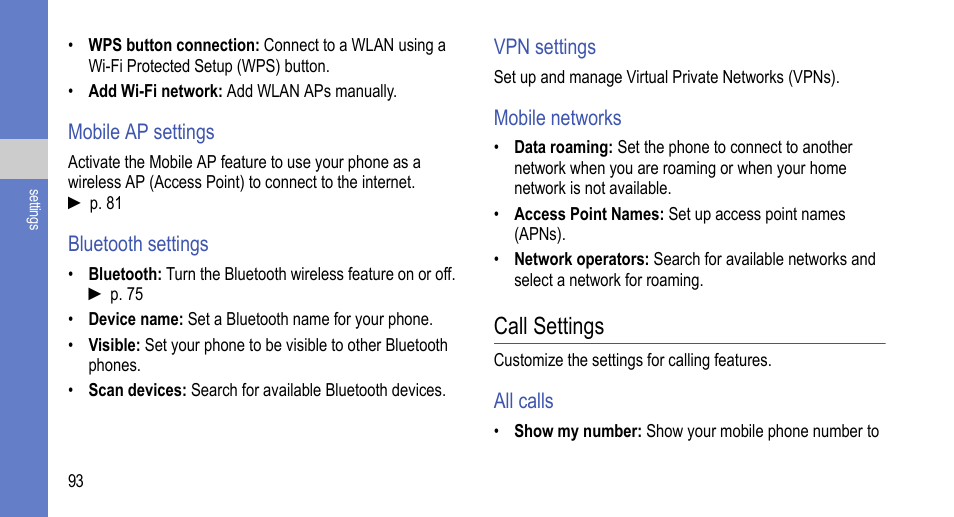 Call settings | Samsung 07272010 User Manual | Page 104 / 139