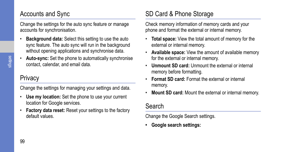 Accounts and sync, Privacy, Sd card & phone storage | Search | Samsung 07272010 User Manual | Page 110 / 139